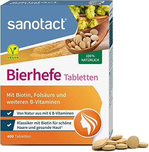 Sanotact Bierhefe Tabletten • 400 Tabletten • 100% Natürliche Bierhefe Vegan • Mit Biotin Für Schöne Haare Und Gesunde Haut • Inklusive 6 B-Vitaminen