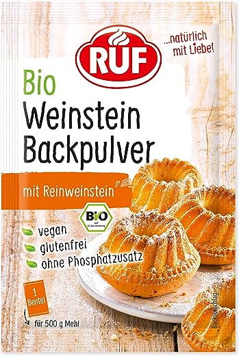 Ruf Bio Weinstein-Backpulver, Ohne Phosphatzusatz, Backtriebmittel Zum Backen Von Kuchen, Torten, Muffins Und Cupcakes, Glutenfrei Und Vegan, 3 X 20G